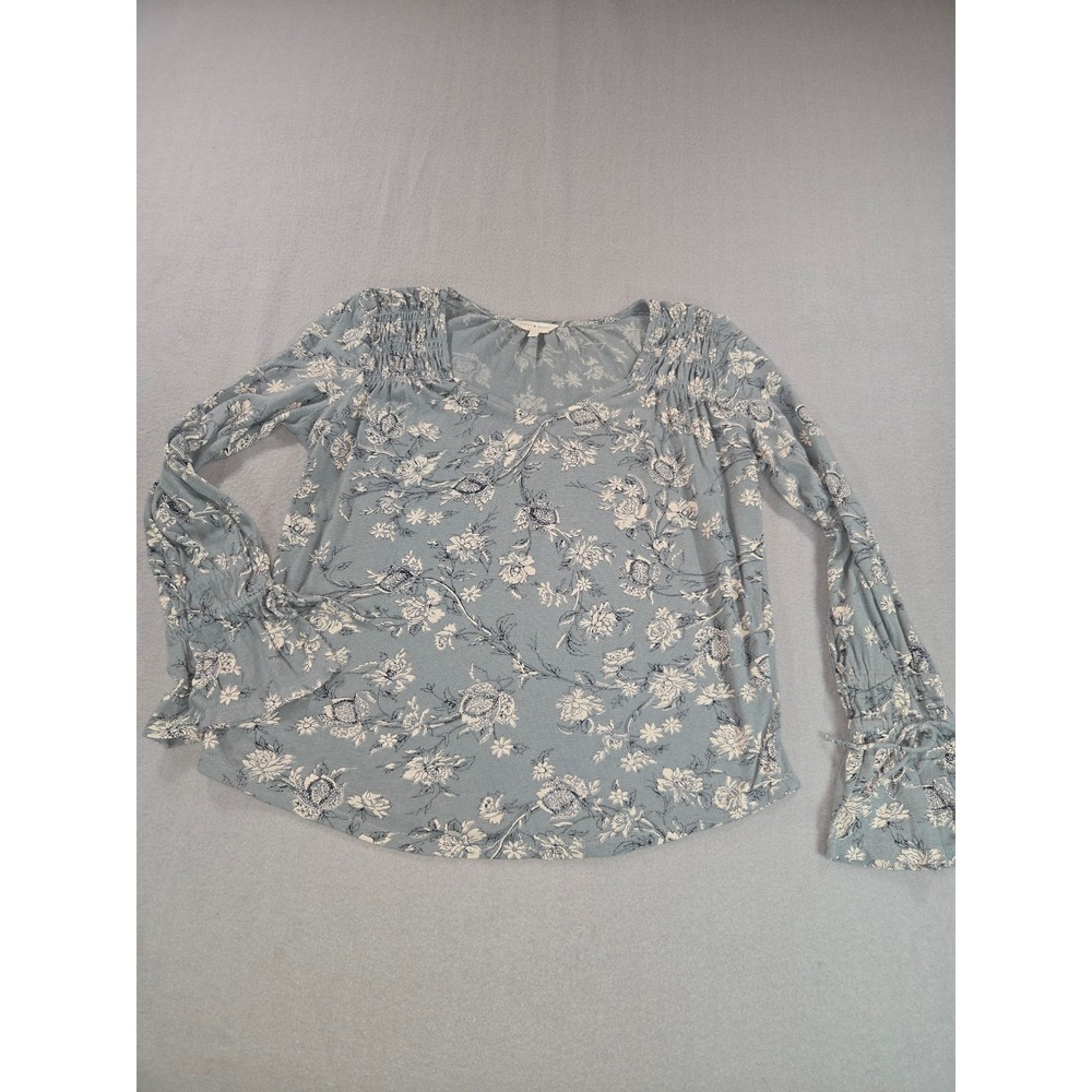 Lucky Brand Floral Top Women Small Blue Smocked Tie Sleeve Boho Cotton Blend